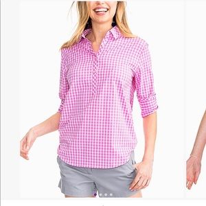 southern tide pink cyclamen gingham Hadley button front shirt